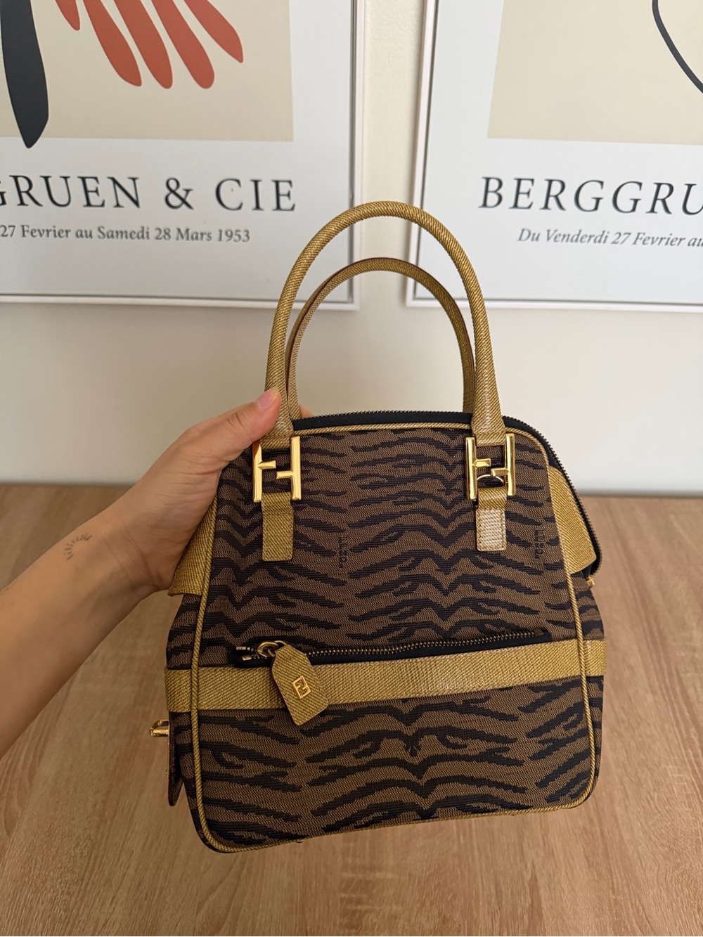Fendi Brown Zebra-Print Satchel with Gold Hardware